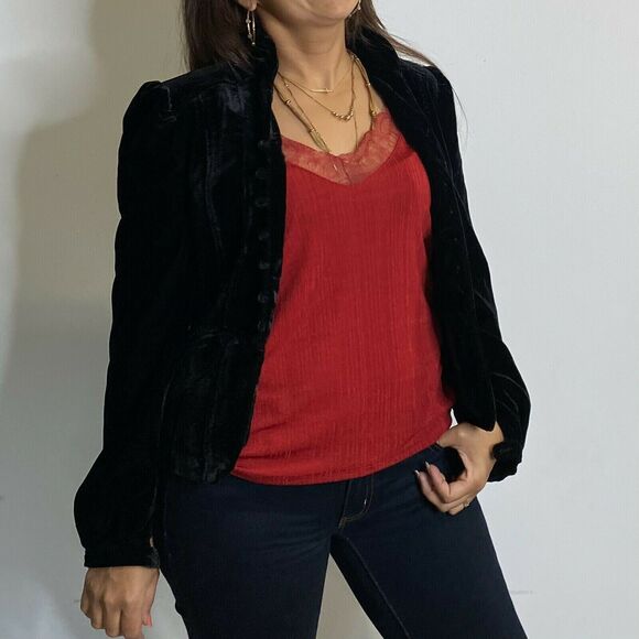 Trevan Women Crop black suede Jacket Blazer long sleeve button front Sz 4 mock - Picture 9 of 9